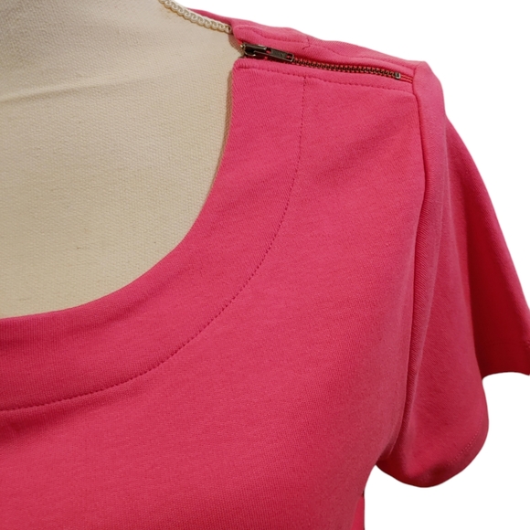 Talbots Pink Shift Dress 100% Cotton Right Shoulder Zip Split Seams Grey Piping - Picture 2 of 14